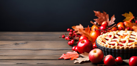 Festive American apple pie decorated with powdered sugar and apple pieces on a dark background. Festive sweet dessertの素材