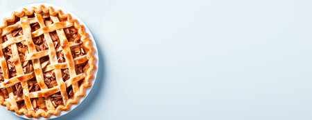 Festive American apple pie decorated with powdered sugar, apple pieces, light blue minimalistic background, copy spaceの素材