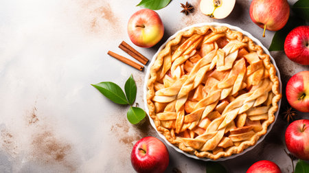 Festive American apple pie decorated pieces of apples, light minimalistic background. Festive sweet dessertの素材