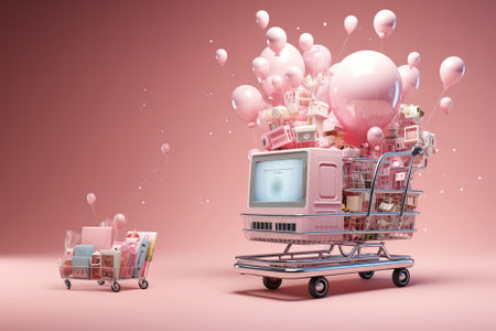 A bunch of different goods in a shopping cart . Concept of online shopping, sales season, Black Friday, Cyber Mondayの素材