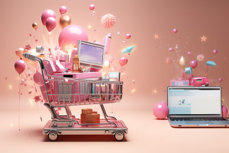 A bunch of different goods in a shopping cart . Concept of online shopping, sales season, Black Friday, Cyber Mondayの素材