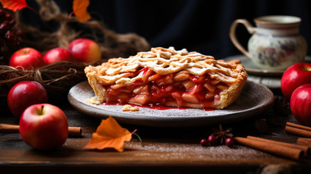 Festive American apple pie decorated with powdered sugar and apple pieces on a dark background. Festive sweet dessertの素材