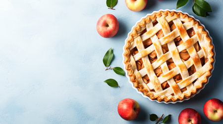Festive American apple pie decorated pieces of apples, light minimalistic background. Festive sweet dessertの素材