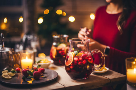 A girl serves a jug with a traditional winter warming Christmas drink, mulled wine with orange slices and spicesの素材