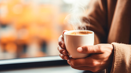 A woman is holding mug of hot coffee. Warming drink in female hands. Copy spaceの素材