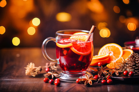 Traditional winter warming Christmas drink mulled wine with orange slices and spices dark background. Festive backgroundの素材