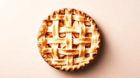 Festive American apple pie decorated with powdered sugar and apple pieces, light minimalistic background, copy spaceの素材