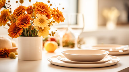 Modern holiday table setting white plate elegant glasses vase with flowers on white table. Concept of autumn holidaysの素材