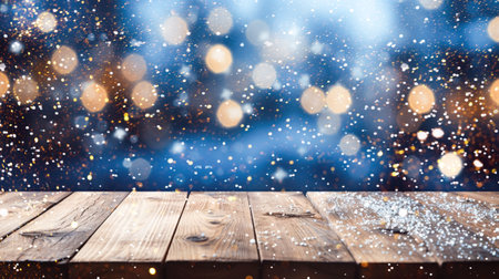 Empty wooden tabletop blue background with Christmas lights, sparkling garlands, bokeh, Christmas, New Yearの素材