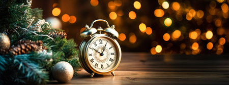 Winter composition for New Year or Christmas. Retro alarm clock and fluffy fir branches, festive background with bokehの素材