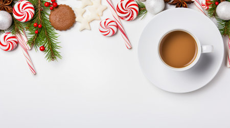 A mug of hot cocoa or chocolate drink and Christmas homemade cookies, on a festive white backgroundの素材