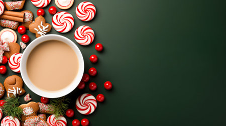 Mug of hot cocoa or chocolate drink and Christmas homemade cookies decorated with sugar sweet icing, festive backgroundの素材