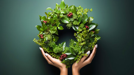 Female hands hold a festive Christmas wreath made of fir branches with red berries and holly branches, top viewの素材