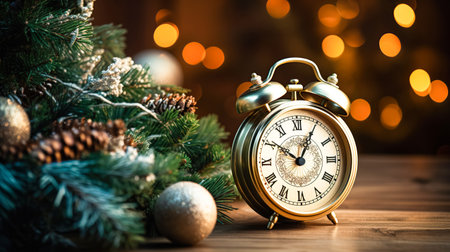 Winter composition for New Year or Christmas. Retro alarm clock and fluffy fir branches, festive background with bokehの素材
