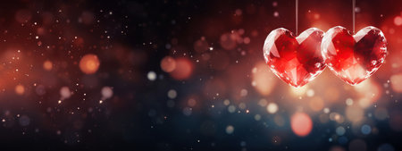 Crystal red two hearts decoration, symbol of love on festive background. Diamond Decoration Valentines Day, Weddingの素材
