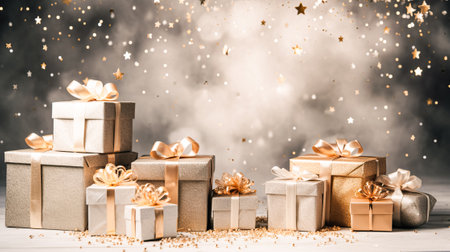 Christmas gifts on a festive background. Winter holidays card: Merry Christmas or Happy New Year. Horizontal frameの素材