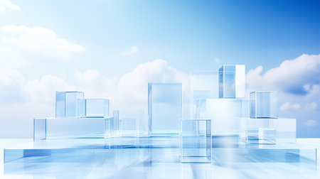 Creative abstract podium, empty stage from transparent volumetric figures, blue background with cloudsの素材
