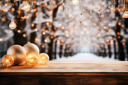 Christmas background, empty wooden tabletop with shiny balls candle, sparkling garlands, lights, bokeh, copy spaceの素材