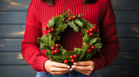 Woman in knitted sweater holds in her hands festive Christmas wreath made of fir branches, holly branchesの素材