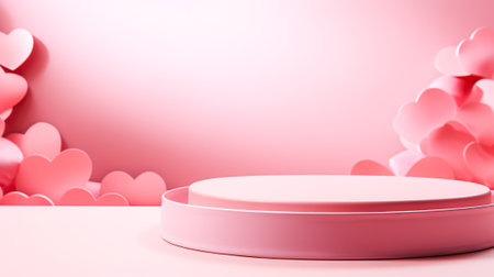 Creative abstract podium, empty round stage decorated pink hearts. Modern showcase, concept for Valentines Day, Weddingの素材