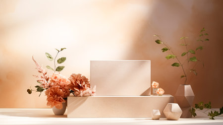 Creative podium, empty stage made of geometric shapes, marble slab decorated with plant leaves, orange backgroundの素材