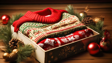 A beautiful knitted sweater with an ornament, in a festive package on a New Years background, a cute giftの素材