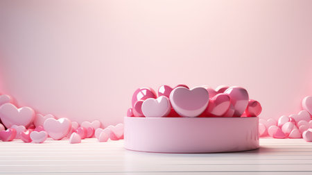 Creative abstract podium, empty round stage decorated pink hearts. Modern showcase, concept for Valentines Day, Weddingの素材
