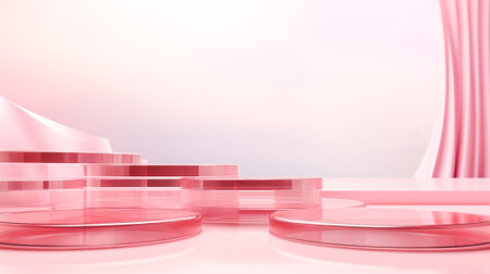 Creative abstract podium, empty round stage made of pink transparent material, pink background, Minimalismの素材