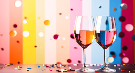 Two elegant glasses of champagne on a background with a geometric pattern, copy space. Holiday conceptの素材