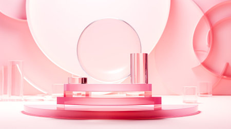 Creative abstract podium, empty round stage made of pink transparent material, pink background, Minimalismの素材