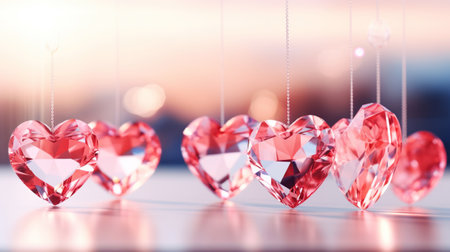 Festive background hanging crystal red hearts, sparkling decorations, symbol of love. Card template for Valentines Dayの素材