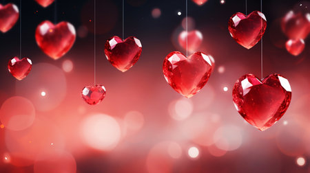 Festive background hanging crystal red hearts, sparkling decorations, symbol of love. Card template for Valentines Dayの素材