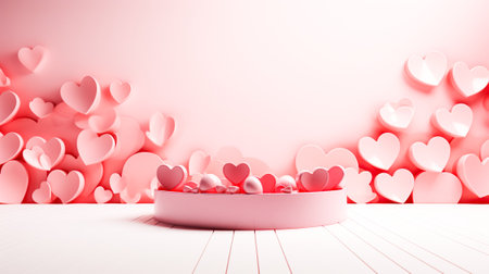 Creative abstract podium, empty round stage decorated pink hearts. Modern showcase, concept for Valentines Day, Weddingの素材