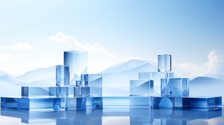 Creative abstract podium, empty stage from transparent volumetric figures, blue background with cloudsの素材