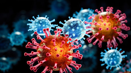 Influenza virus, abstract microbes, bacteria, microorganism cells, pathogen, blue background. Medicine, healthcareの素材