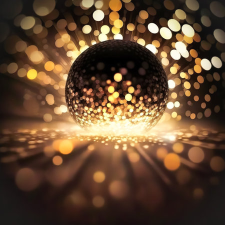 Sparkling disco ball , luxurious dark background, sparkling flying sparkles, bokeh. Template creative holiday designの素材