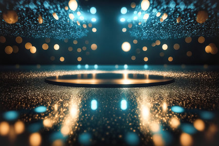 Creative dark blue dance floor stage, empty podium, black gold background with lights and bokeh. Minimalism, productの素材