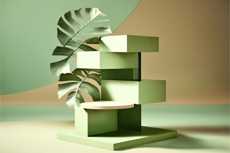 Creative podium staircase, empty stage decorated with leaves of tropical plants, green background, monochrome, eco styleの素材