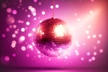 Sparkling Disco ball on luxurious neon pink background with sparkles bokeh. Template for modern creative holiday designの素材