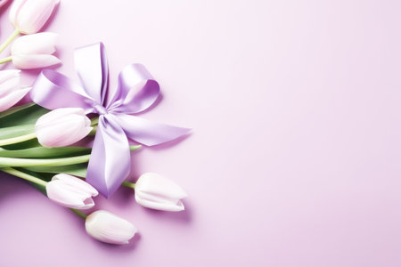 Beautiful pink and white tulips with satin ribbon, pink background. Postcard template Womens Day, March 8, Nurses Dayの素材