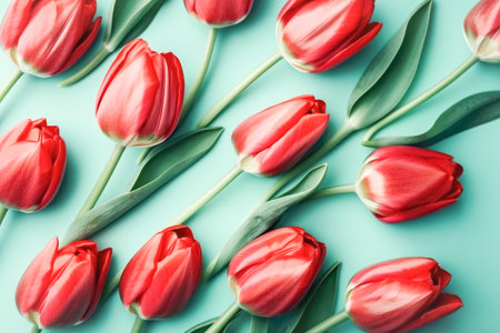 Beautiful flowers, red tulips arranged in a pattern, pastel green background. Postcard template Womens Day, March 8の素材