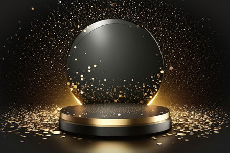 Creative black podium, empty round stage black and gold background with sparkles and bokeh. Minimalism, product showcaseの素材
