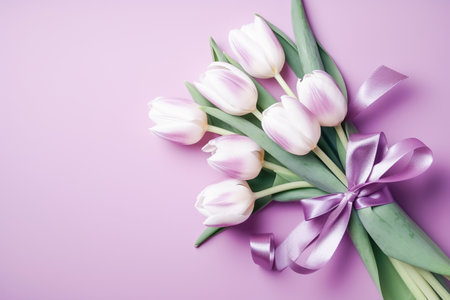 Beautiful pink and white tulips with satin ribbon, pink background. Postcard template Womens Day, March 8, Nurses Dayの素材