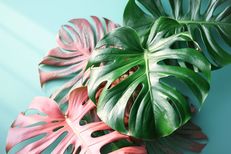 Fresh leaves of a tropical monstera plant, pastel blue background. Minimalism concept. Natural floral backgroundの素材