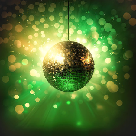 Sparkling disco ball luxurious green background, sparkling flying sparkles, bokeh, square frame. Creative holiday designの素材