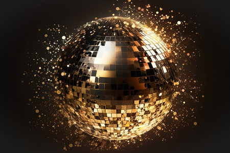 Sparkling disco ball , luxurious dark background, sparkling flying sparkles, bokeh. Template creative holiday designの素材