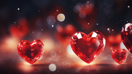 Crystal red hearts, symbol of love festive background. Diamond Decoration for Valentines Day, Wedding, Engagementの素材