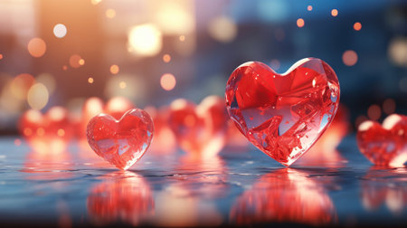 Crystal red hearts, symbol of love festive background. Diamond Decoration for Valentines Day, Wedding, Engagementの素材