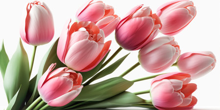 Beautiful flowers, pink tulips, white background. Postcard template Womens Day, March 8, Nurses Day. Spring backgroundの素材