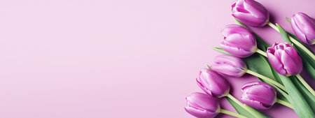 Beautiful pink tulips on pastel pink background, flat lay, top view, copy space. Spring floral backgroundの素材